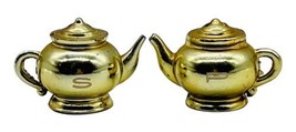 Vintage Tea Pot Belly Stove Salt Pepper Shakers Gold Tone Metal - £9.22 GBP