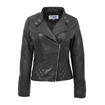 DR233 Women&#39;s Biker Leather Jacket Quilted Design Black - £123.89 GBP