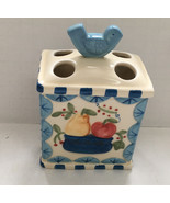 Ceramic toothbrush holder country blue fruit bird hand painted Karen Com... - $19.75