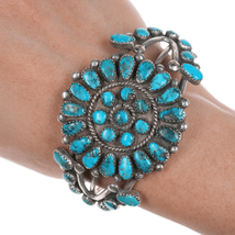 6 5/8&quot; 50&#39;s-60&#39;s Vintage Zuni Morenci Turquoise cluster silver cuff bracelet - £558.93 GBP