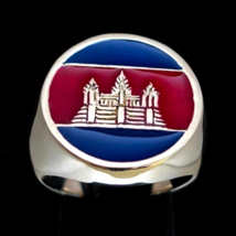 Sterling silver Flag ring Angkor Wat Cambodia Khmer Temple with Red and Blue ena - £75.93 GBP