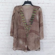 Miss Me Blouse Womens Large Brown Embellished Sheer 3/4 Sleeve V Neck Tunic  - £19.65 GBP