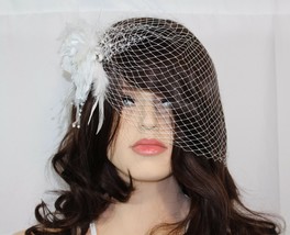 New Wedding Bridal Birdcage Netting Face Veil White Feather Flower With Comb - £19.99 GBP