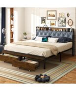 Marco Cama Con Plataforma Cabecero Respaldo Tapizado Queen con luces y 2... - $470.62 CAD