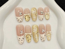 Gold Glitter Bow Press-On Nails – Elegant Rhinestone &amp; Lace Heart Accent... - $23.99