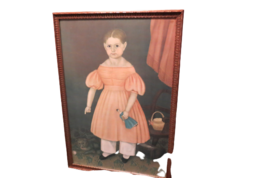 Vtg 30&quot;T x 21&quot;W Folk Art Framed Print After John Bradleys Work Girl Holding Doll - £59.71 GBP