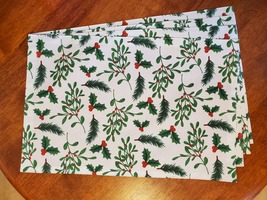 Christmas Placemats, Set of 4 Fabric Place Mats, Holly Mistletoe Red Green White image 2