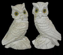 Vintage White Owls Figurines Hand Carved Sand Stone Yellow Glass Eyes Italy - £14.56 GBP