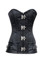 Black Brocade Leather Gothic Steampunk Halloween Costume Long Overbust Corset - £55.30 GBP