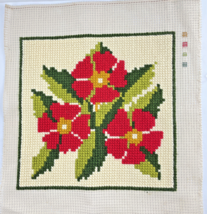 Finished Cross Stitch Christmas Poinsettias Red Floral Pillow Cover Wall... - $24.06
