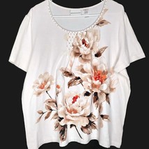 Alfred Dunner Womens Size XL Pullover Top Blouse Short Sleeve Cream Floral Front - £10.34 GBP