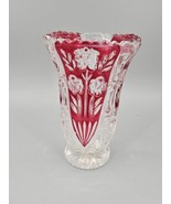 Vase Clear Red Cranberry Painted Glass Floral Pattern - £10.17 GBP