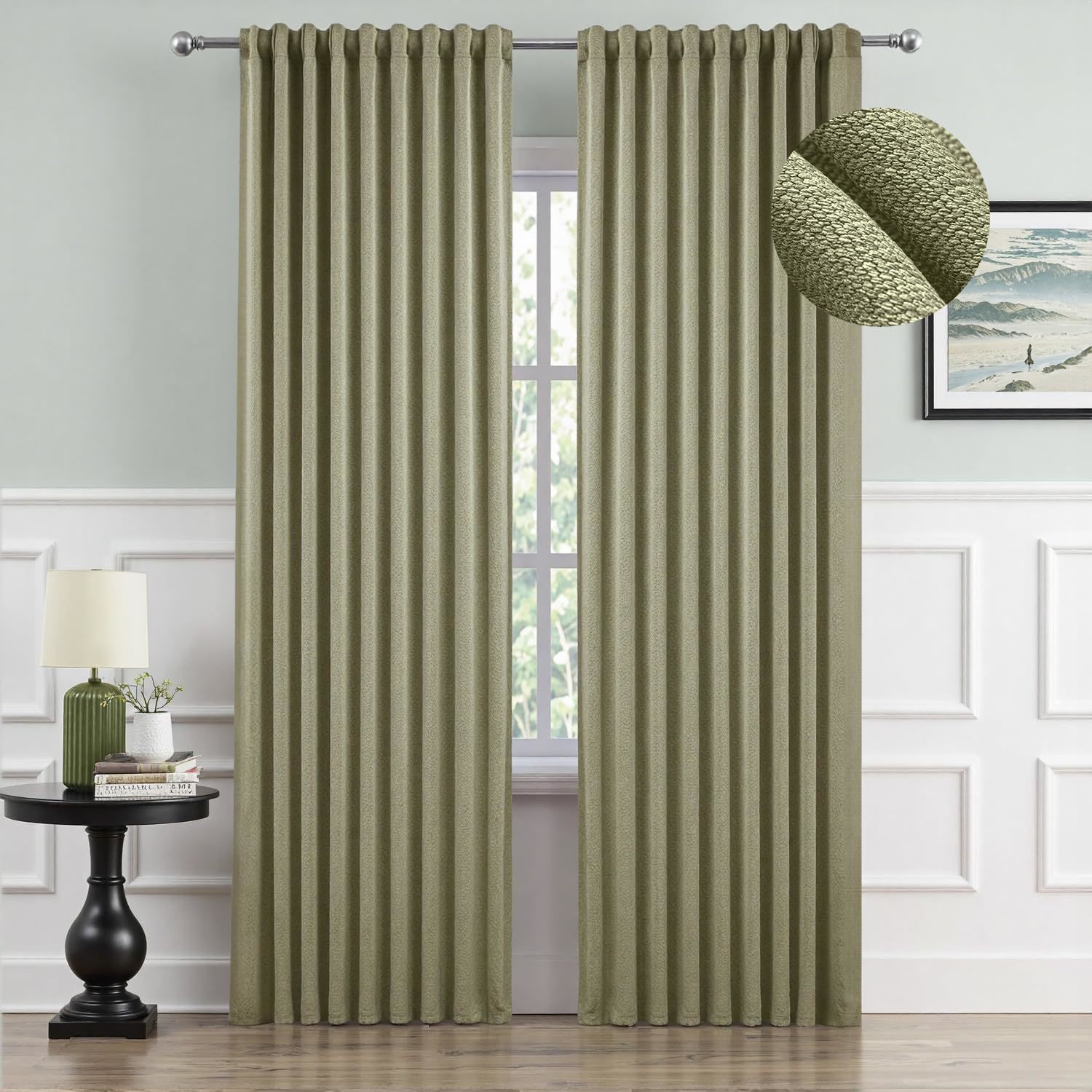 Miulee Sage Green Faux Linen Blackout Curtain 84 Inch Long 2 Panels Set Rod - £31.44 GBP