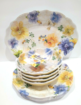9pc Summer Floral Blue Yellow Bumble Bee Melamine Dinner Plates Bowls Pl... - $74.24