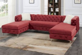 Lausanne U Shape 3-Piece Living Room Set Upholstered in Red Velvet Fabric - £932.66 GBP