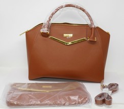 JOY &amp; IMAN Couture Brown Leather Satchel &amp; Clutch with Velvet Detail - £25.47 GBP