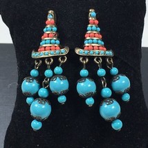 Signed HOBE Asian Design Faux Glass Blue Turquoise &amp; Coral Earrings Dang... - $79.00