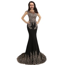 Kivary Mermaid Black Long Formal Crystals Gold Lace Sheer Prom Evening Dresses U - £97.68 GBP