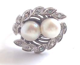 Antique Double Pearl &amp; Diamond 14K White Gold Ring - £692.05 GBP