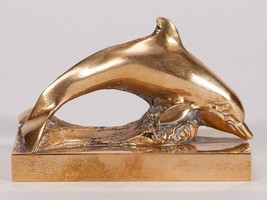 Vintage Solid Brass Dolphin Figurine - Small Heavy Midcentury Modern Paperweight - £26.15 GBP