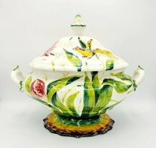 Antique Oversized Hand Painted 128 Oz Porcelain Tulip Soup Tureen w/ Lid  - £388.13 GBP
