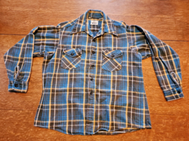Vtg 1970s Woolrich Flannel Mens L 26 100% Flannel Shirt Shacket Blue Brown Plaid - £61.74 GBP