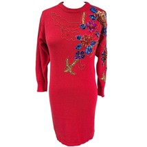 vtg 80s Cristina Ramie/Cotton Red Knit Sweater Dress Sequined Floral Des... - $97.02