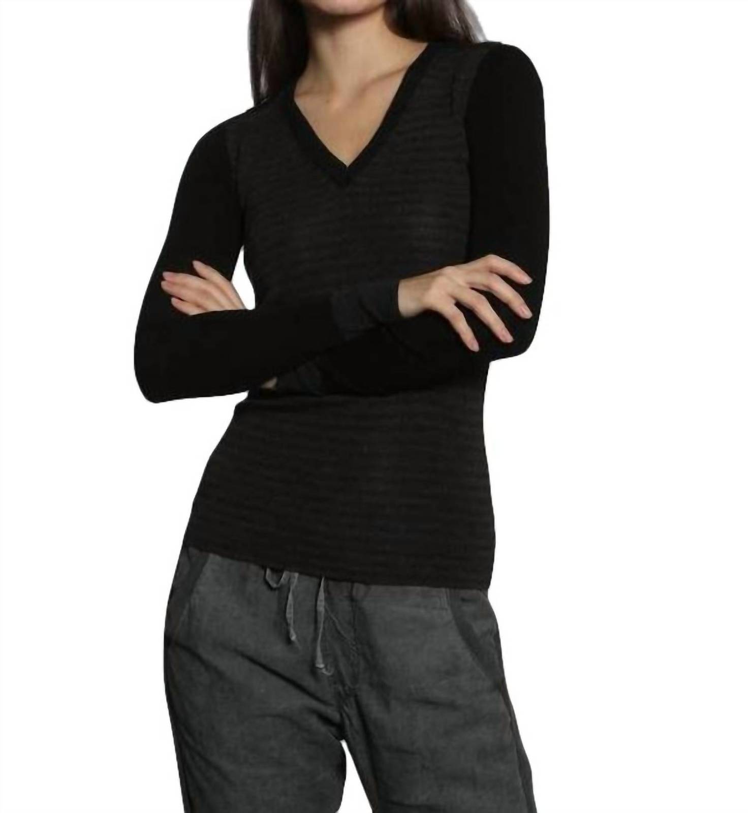Label+Thread skinny rib vee pullover in Brown/Charcoal