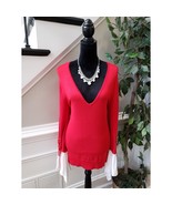 Women&#39;s 7th Avenue Red Deep V Sweater Large White Cuff Tie Sleeve Pullover - $37.91 CAD