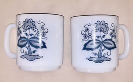 2 Vintage Glasbake Blue Onion Flower Milk Glass Coffee Tea Mug Heat Resi... - $10.22