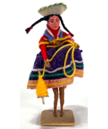 Vintage Doll-Mexico-Yarn Spool-Dress-Hat-5.75&quot;-Black Braids - £18.64 GBP