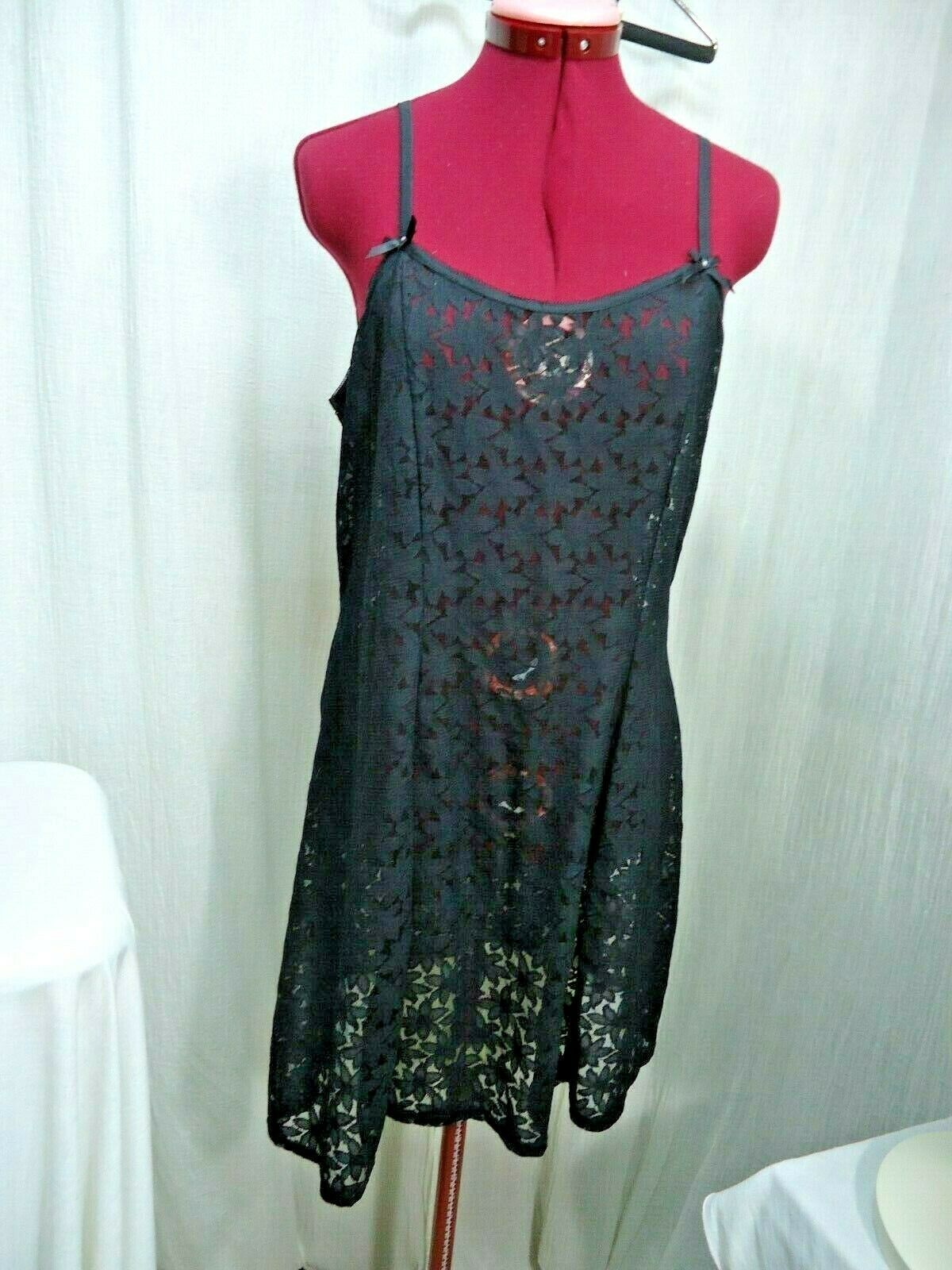 Primary image for r82 Black Nylon Lace Slip Night Dress Size L Sexy See Thru Chemise Lingerie