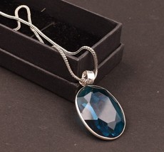 Simulated London Topaz Oval Silver Plated Handmade Gemstone Pendant Necklace - £15.96 GBP+