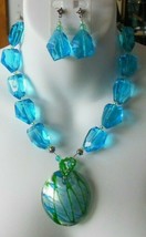 Vintage Heavy Blue Multi-Faceted Glass Foiled Pendant Necklace &amp; Earring... - $74.25