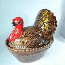 Turkey On Basket Dish Ceramic Vintage Splatter Glaze Fall Thanksgiving D... - £23.25 GBP