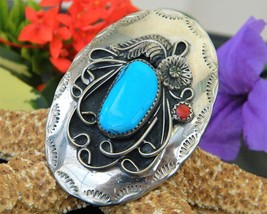 Vintage Southwest Bolo Tie Slide Clasp Silver Turquoise Coral Signed  - $84.94