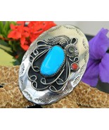 Vintage Southwest Bolo Tie Slide Clasp Silver Turquoise Coral Signed  - €73,76 EUR