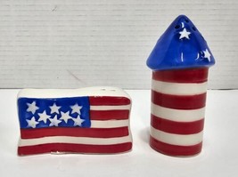 New American Flag &amp; Rocket Ceramic Salt &amp; Pepper Shakers Patriotic USA Complete  - £7.79 GBP