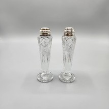 Cut Crystal Salt &amp; Pepper Shakers Sterling Silver Tops Footed 5&quot; Bohemian Vtg - £26.56 GBP
