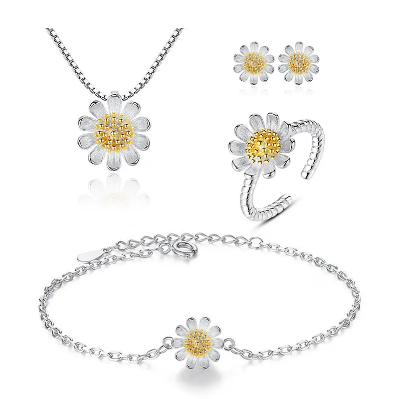 Silver Color Sweet Sunflower Flower Necklace+Earrings+Bracelet+Ring Jewelry Sets - £19.00 GBP
