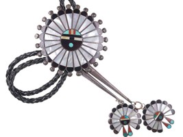Large Vintage Zuni Sunface Channel inlay silver bolo tie - £271.50 GBP