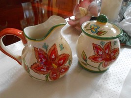 * Maxcera Vanilla Chintz Floral Flowers Leaves Sugar Bowl &amp; Creamer Pitcher - £19.11 GBP