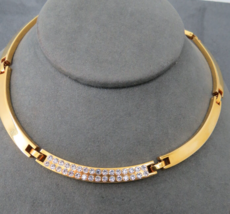 Vintage Choker Solid Necklace Gold Tone Rhinestones Collar Curved Links ... - $9.99