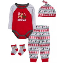 NWT Baby Essentials Boys 6 Months &quot;My 1st Christmas&quot; 4 Pcs Reindeer Embr... - $19.99