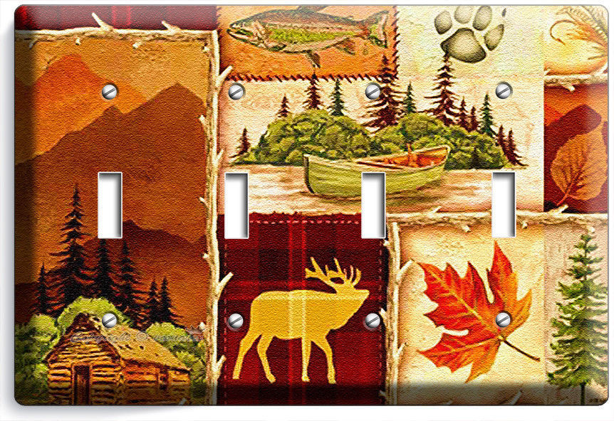 HUNTING CABIN FISHING MOOSE PATCHWORK 4 GANG LIGHT SWITCH WALL PLATES ROOM DECOR