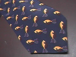 J Garcia Neck Tie Titled Fish Repeating Fish in Blues and Golds on Dark ... - £8.73 GBP