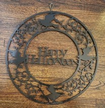 Large Metal Happy Halloween Sign Black Crows 16&quot; Hanging Indoor Wall Dec... - $18.99