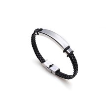 Punk Men Jewelry Black Braided Leather Bracelet Black/Silver Color Stainless Ste - £9.80 GBP