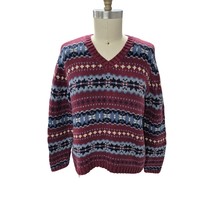 Vtg 80s 90s Eddie Bauer 100% Cotton Sweater Burgundy Stripe /Snowflake V... - $1,127.54 MXN
