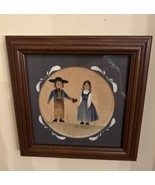 Wood Framed watercolor R. Ross folk art Amish couple boy girl heart 7.5&quot;... - $43.56